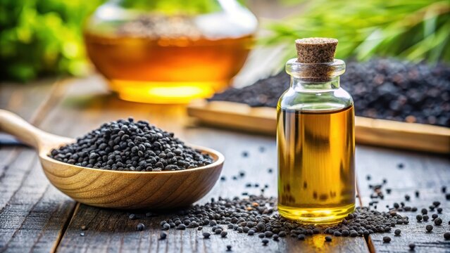 Close-up of black cumin oil bottle on table with selective focus