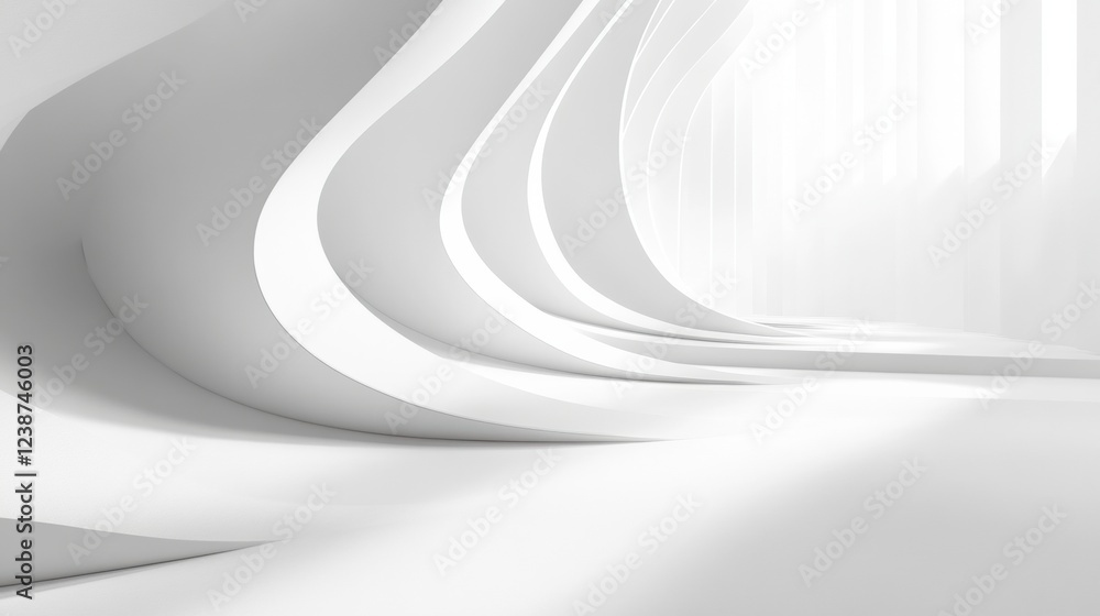 Poster modern white curved architecture structure with smooth wavy design and flowing light in a hallway