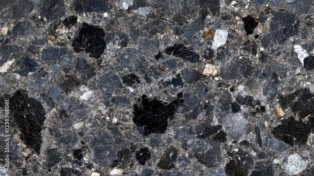Poster mottled aggregate surface texture with dark irregular shapes and light mineral deposits design
