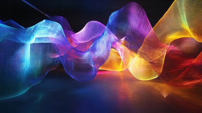 Abstract digital art featuring vibrant, flowing waves of colored light in a three-dimensional network grid structure, set against a dark background. The interplay of colors such as blue, purple, yello