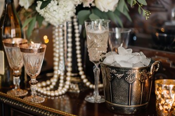 Vintage ice maker at a gatsby themed party surrounded by champagne glasses and art deco decor