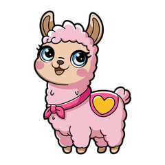 Fototapeta premium Cute pink quirky baby llama illustration with a heart design and playful expression
