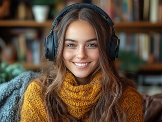 Woman listening with headphones indoors, blurred bookshelf background. Use stock photo