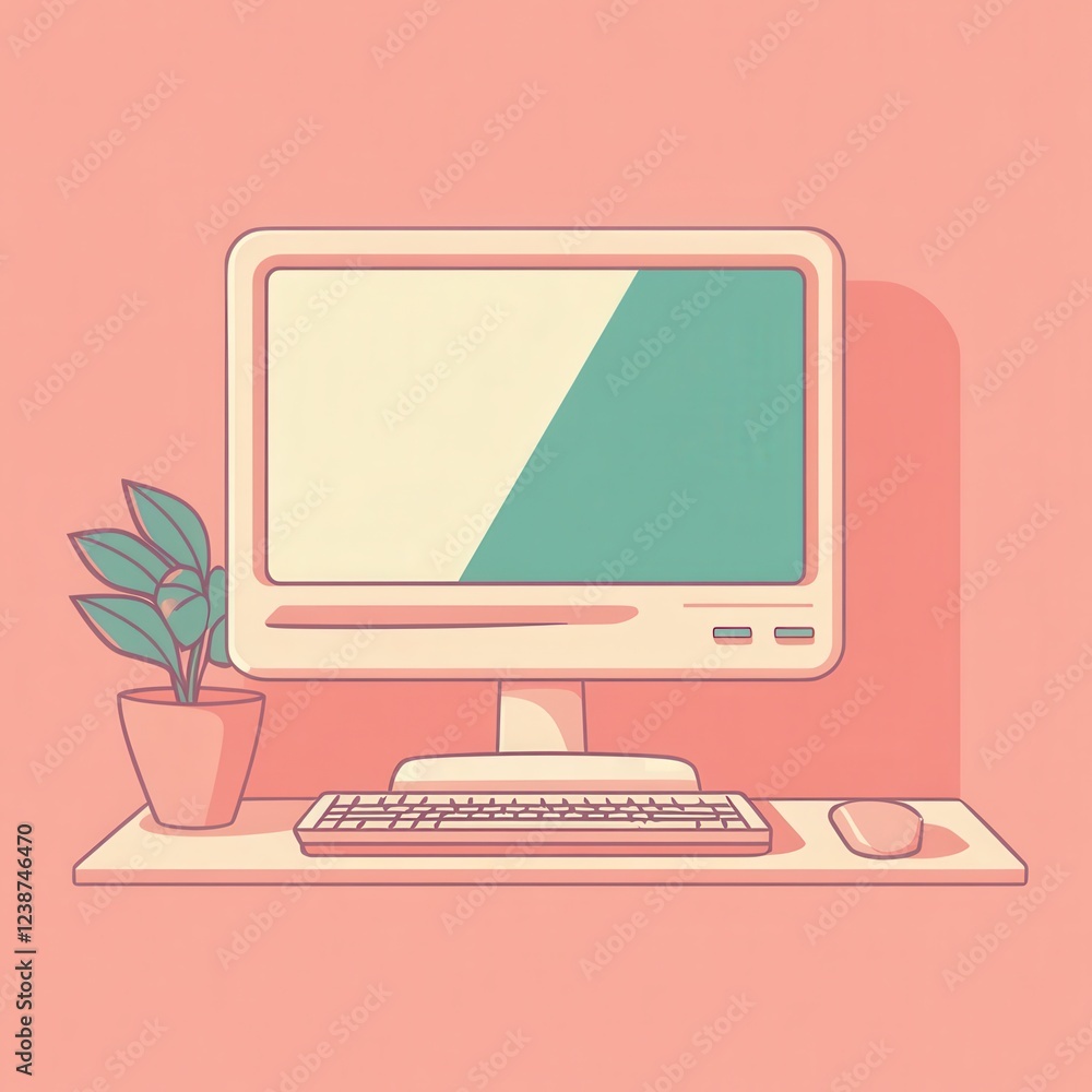 Poster pink computer setup with keyboard mouse and potted plant minimalist design pastel color scheme