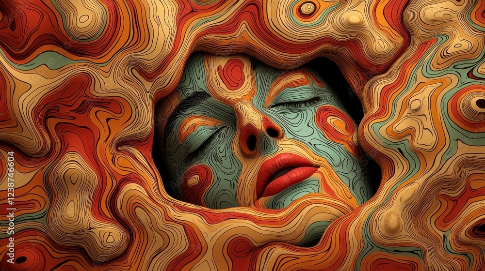 Poster abstract portrait with intricate patterns and vibrant colors representing human emotion and nature's