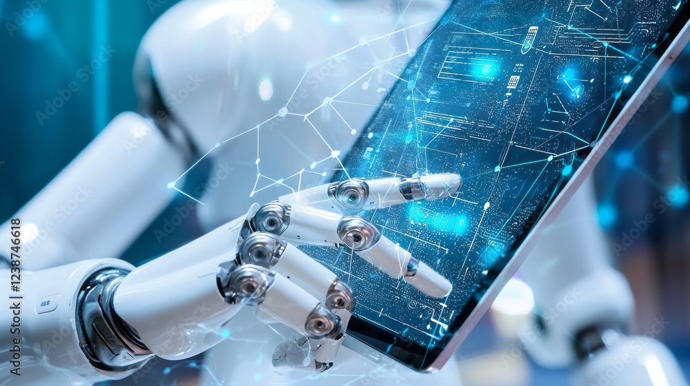 Poster In a high-tech environment, a sophisticated robot examines a sleek tablet that showcases intricate data patterns and connections, highlighting the fusion of technology and intelligence