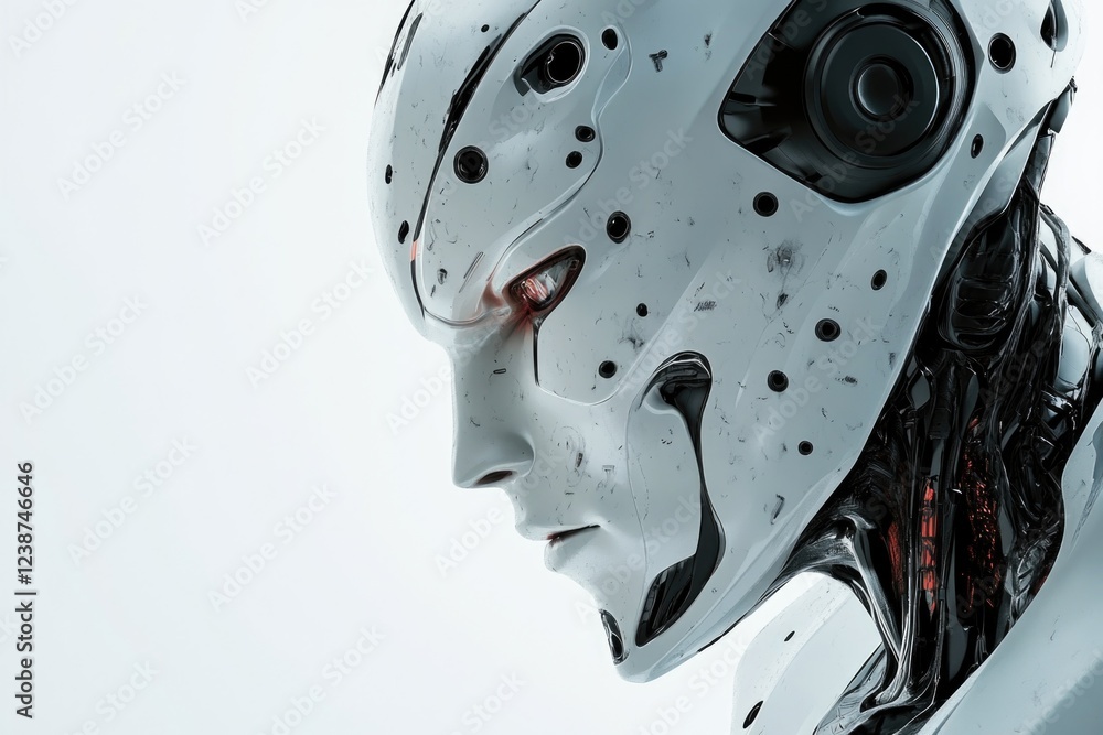 Poster a detailed view of a robot's facial features