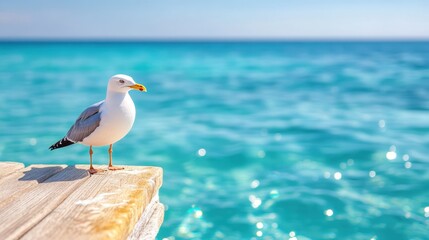A solitary seagull stands on a wooden ledge with a sunlit ocean in the backdrop, embodying the peacefulness and beauty of a seaside environment at dawn.