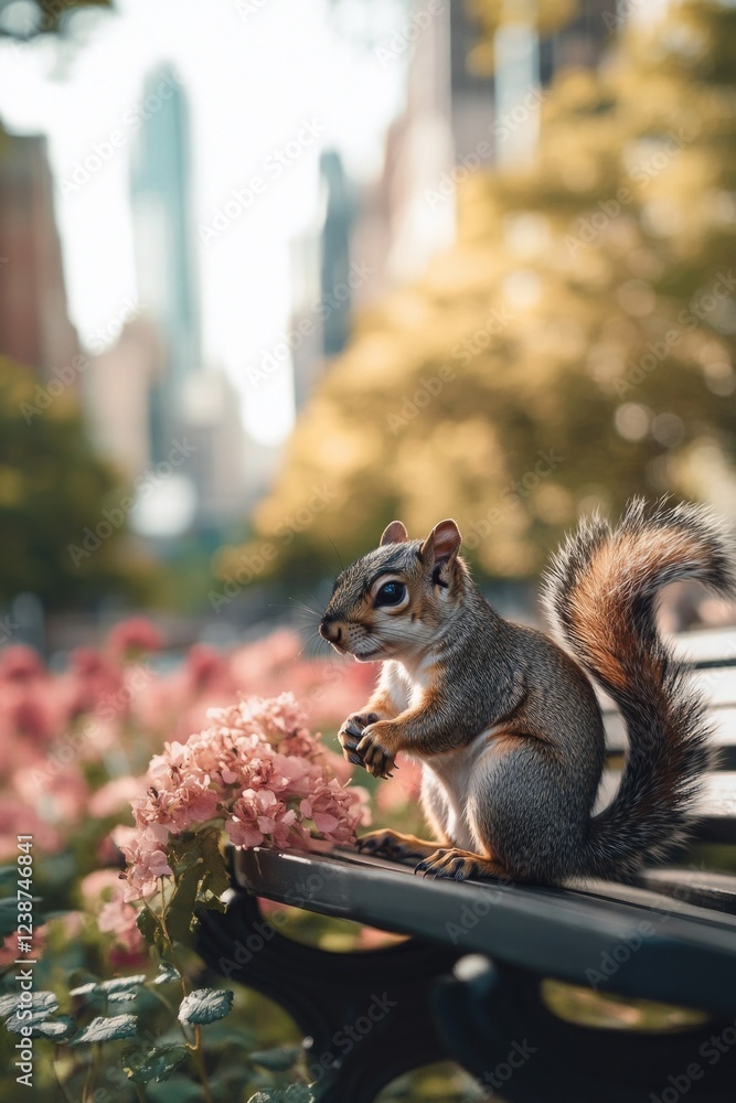 Poster a squirrel enjoys a snack of flowers on a public park bench