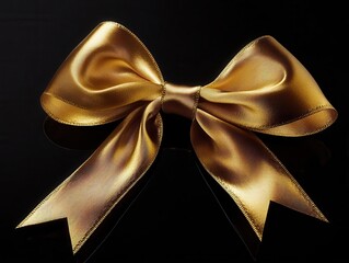 gold luxury ribbon elegant metallic bow with flowing ribbons, dramatic studio lighting, rich golden tones, glossy reflection, luxury product photography