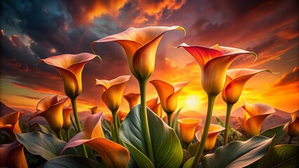 Elegant Calla Lilies: Warm Hues, Dark Background, Floral Photography