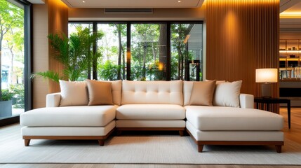 This modern living space features a cozy sectional sofa in a light tone, embraced by large windows, allowing natural light to fill the room with warmth and comfort.