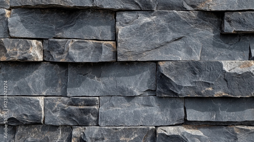 Poster rough grey stone blocks textured wall closeup background with shadowed interstices pattern