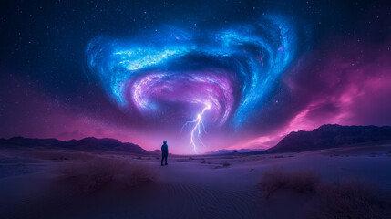 Night Desert Storm: Cosmic Wonder and Solitary Figure