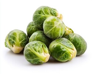 Fresh Green Brussels Sprouts Piled on White Background for Cooking
