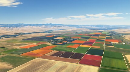 Birds-eye view of a vast farmland divided into colorful sections based on crop health and soil moisture levels, captured by a precision farming drone