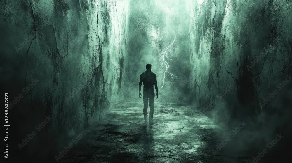 Poster mysterious figure walks through foggy corridor illuminated by lightning at night. generative ai
