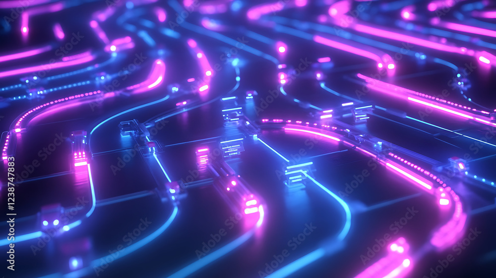Poster a vibrant abstract design featuring glowing pink and blue lines intertwining across a dark backgroun