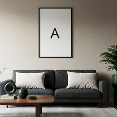 Modern Minimalist Living Room with Large Framed Letter A Art and Dark Gray Sofa