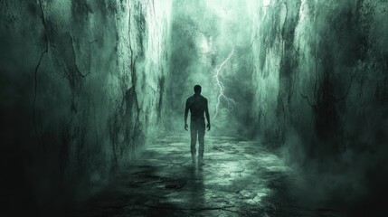 Mysterious figure walks through foggy corridor illuminated by lightning at night. Generative AI