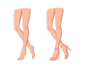 Vector fashion sketch illustration of beautiful, slim female legs, isolated on a white background. High-heeled fashion feet template. Women's legs and feet croquis.