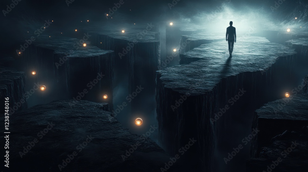 Poster mysterious journey through a mystical landscape illuminated by glowing orbs at twilight. generative 