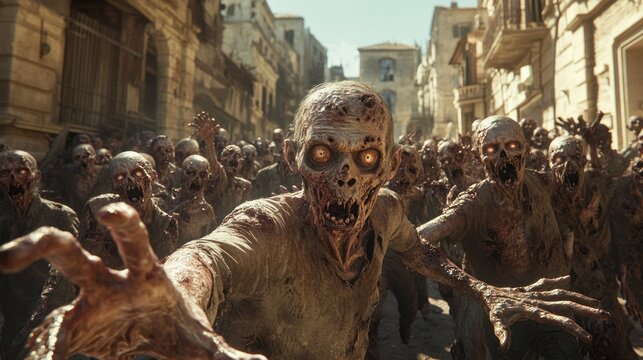 Horde of zombies wandering through an abandoned urban street under a bright afternoon sun. Generative AI