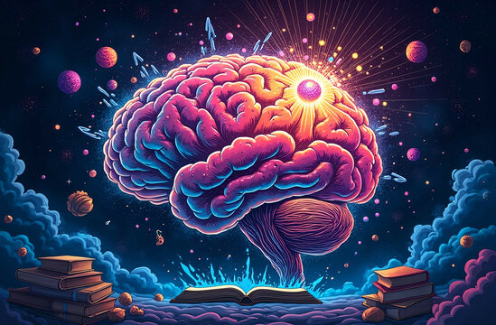 Vibrant Psychedelic Art of Human Brain Exploding with Creativity, Knowledge, and Abstract Energy