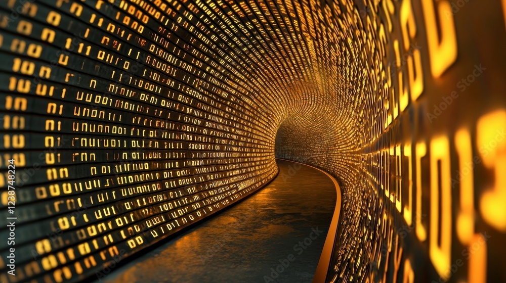Poster digital data flow through glowing binary tunnel in abstract futuristic space with vibrant colors