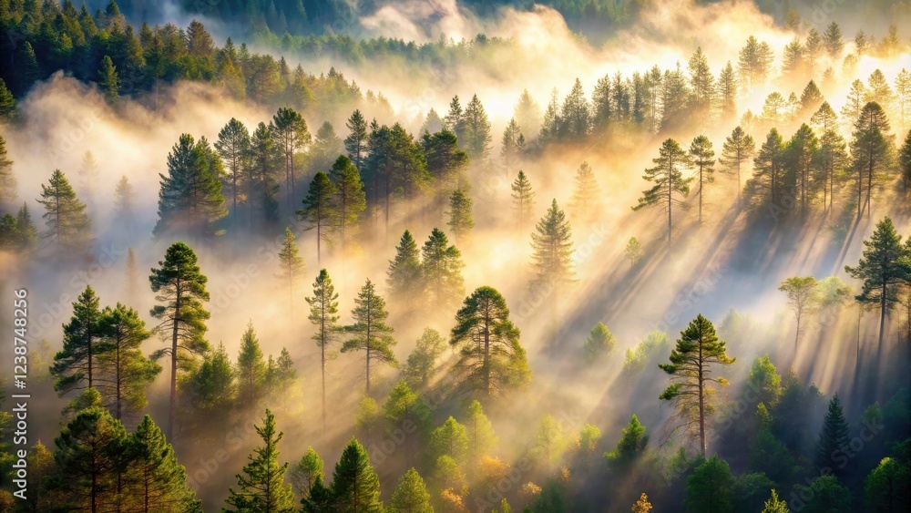 Poster golden sunlight streams through the misty canopy of a dense evergreen forest, illuminating the tall 