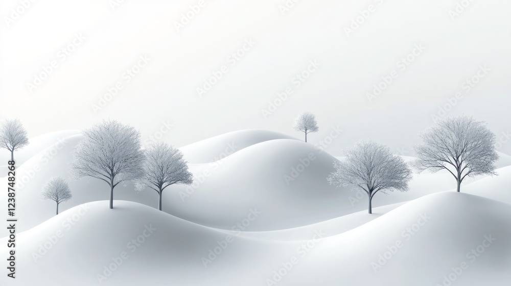 Poster snow-covered hills with bare trees creating a serene winter landscape at dawn. generative ai