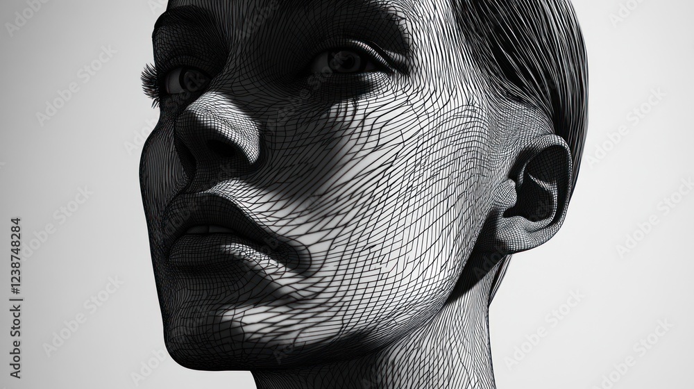 Poster detailed wireframe portrait of a person highlighting facial features and expressions in monochrome. 