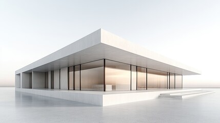 Modern minimalist architecture featuring large glass windows in a serene outdoor setting at sunset. Generative AI