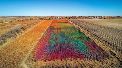 Birds-eye view of a vast farmland divided into colorful sections based on crop health and soil moisture levels, captured by a precision farming drone