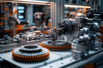Naklejka premium High-Tech Automated Robotic Arm Assembling Precision Machine Parts in Modern Industry Setting