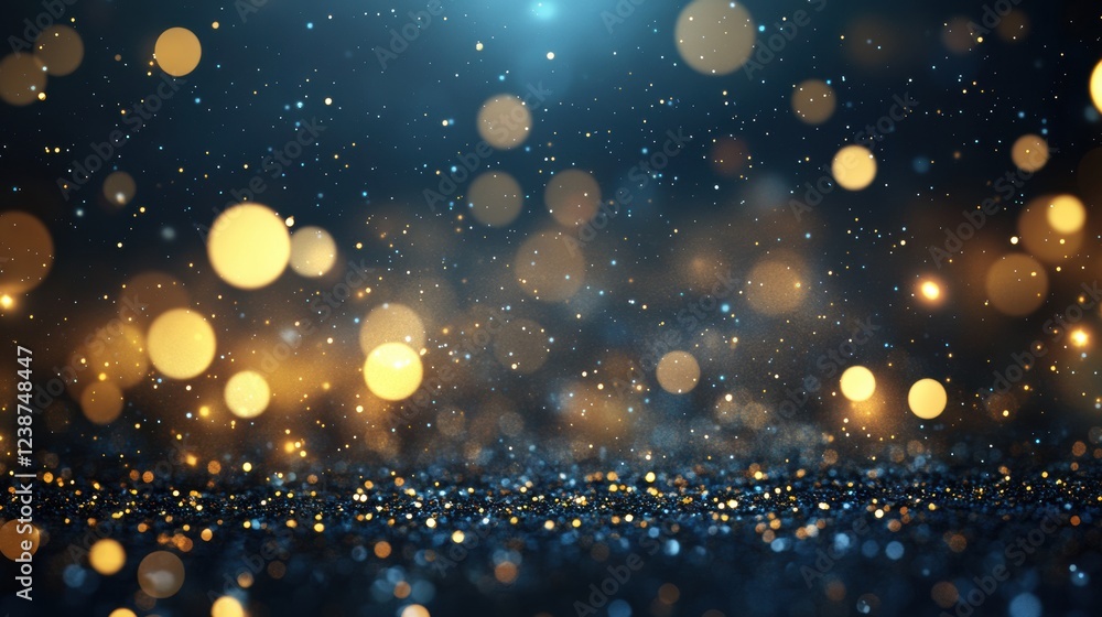 Poster sparkling gold bokeh overlay on dark blue background with glittering light particle abstraction