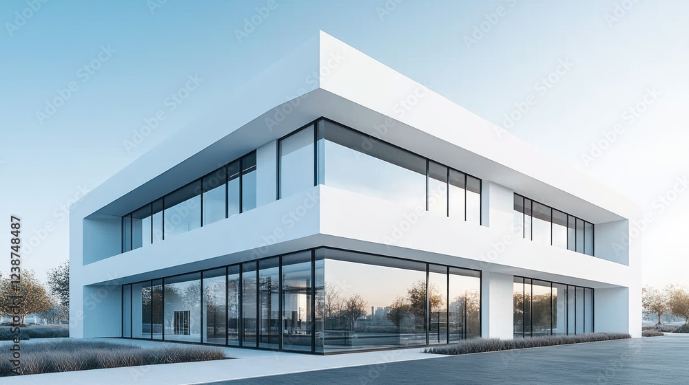 Poster modern architectural design of a sleek building with large glass windows in a tranquil setting. gene