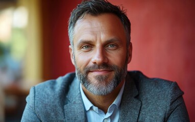 handsome man with a beard and blue eyes is wearing a suit and smiling to the camera