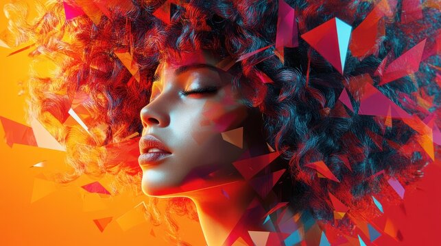 Vibrant digital art showcasing a woman with curly hair against a colorful background. Generative AI