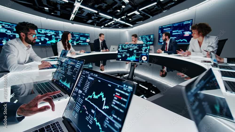 Poster professionals collaborate in a high-tech meeting room focused on data analysis and strategic plannin