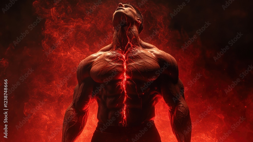 Poster muscular figure illuminated by fiery glow with intense expression and skin details in a dark setting