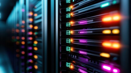 An image showcasing a row of server racks with illuminated components, emphasizing the crucial role of technology in modern data management and storage solutions.