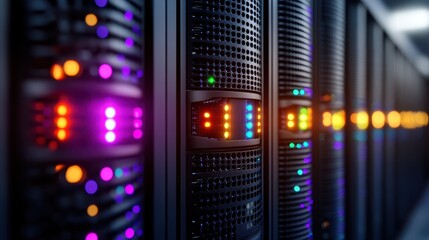 A visually striking data center showcasing a row of servers illuminated by colorful LED lights, representing modern technology and innovation in digital infrastructure.