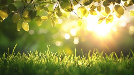 Obraz premium Sunlight Filtering Through Green Leaves and Grass in a Bright Spring Scene of Serenity and Peace