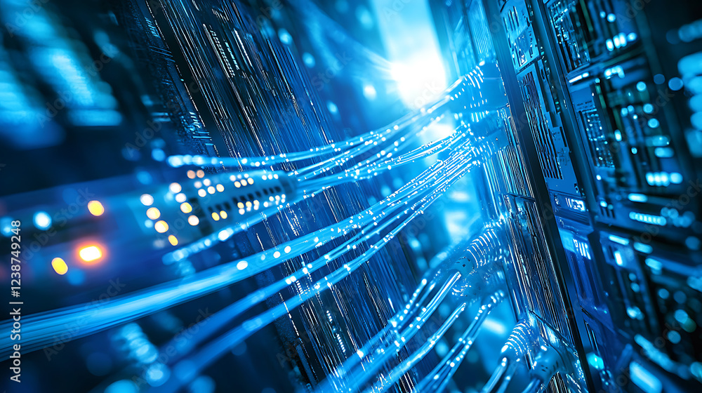 Poster a futuristic view of glowing data cables and servers, illustrating the concept of advanced technolog