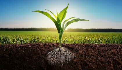 corn plant with roots underground symbolizing soil health and sustainable agriculture