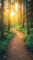Obraz premium A winding dirt path curves through a lush green forest as warm sunlight filters through tall trees, creating a peaceful morning ambiance