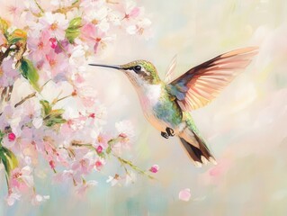 hummingbird mid-flight against blooming cherry blossoms, iridescent feathers catching sunlight, soft pastel background