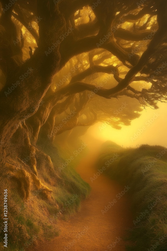 Poster a luminous path winds through gnarled trees in a serene forest, illuminated by soft golden sunlight 