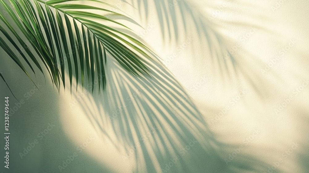 Poster shadow of a palm tree cast on a concrete wall on a bright day, creating a calming and serene atmosph